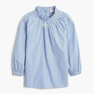 J. Crew Smocked Neck Striped Long Sleeve Blouse Top in Blue Stripe